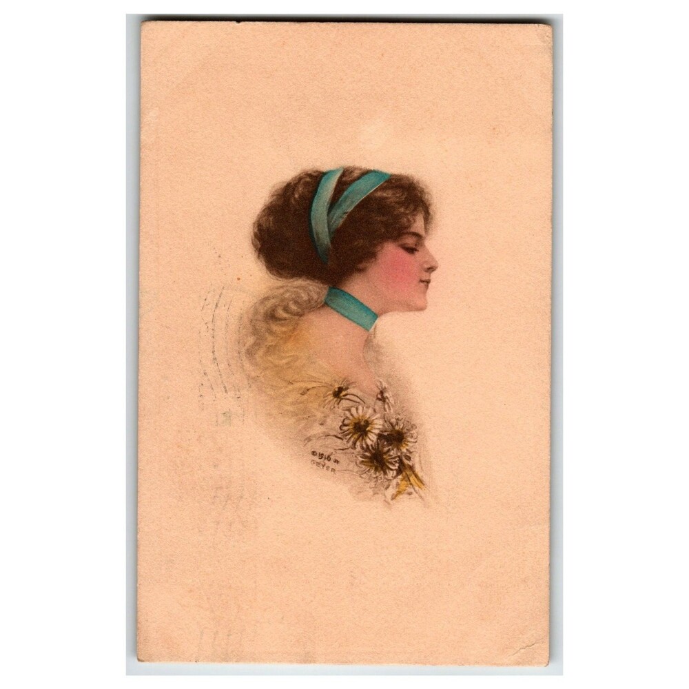 1916 Geyer Art Postcard Young Woman Profile Teal Ribbon & Daisies 1918 Tinted